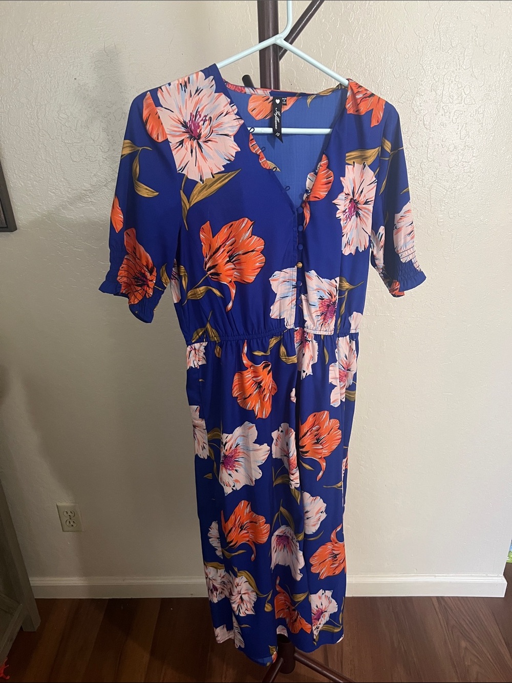 ASOS Blue Floral Midi Dress with Orange & Pink Blooms
